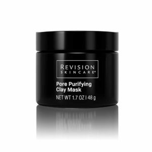 Product image of black container containing Revision Pore Clarifying Clay Mask. Container appears to be in a small screw-top container